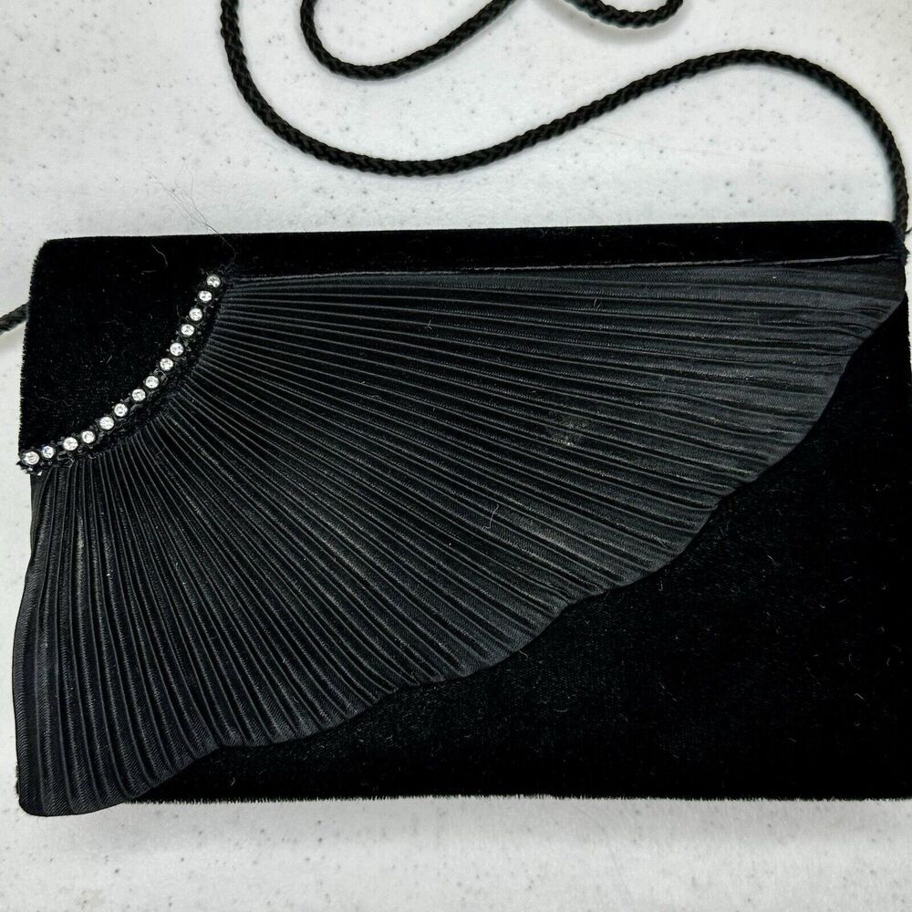 Satin & Velvet Vtg Crossbody Black Fan Pleated Evening Bag w/rhinestones‎ Purse